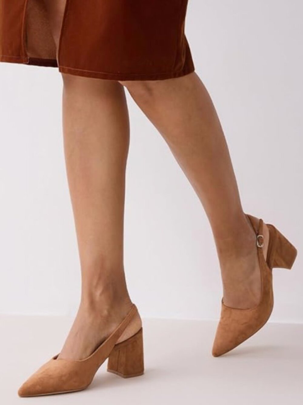 Mostrin SZ 8.5 Camel Suede Block Heel Slingback Office Dressy Chic Closet Staple - Picture 2 of 14